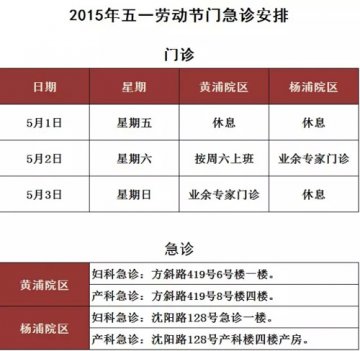 红房子医院2015年“五一劳动节”门急诊安排