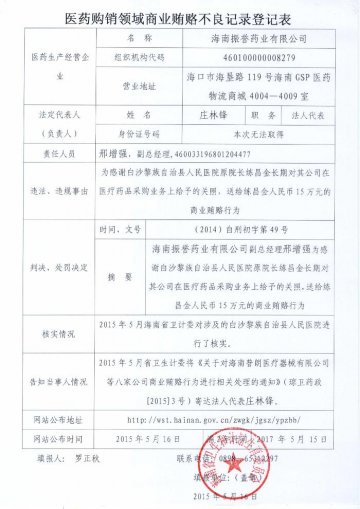 国家卫生计生委转载海南省卫生计生委商业贿赂不良记录信息（2015年5月28日）