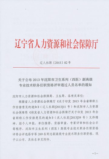 关于公布2013年沈阳市卫生系列（西医）副高级专业技术职务任职资格评审通过人员名单的通知