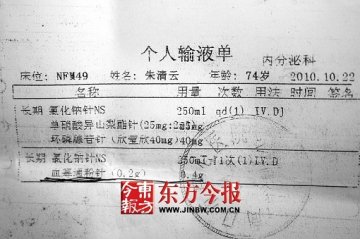 老人病愈出院当天输液突亡 医生未看病历就下药