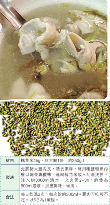 凉血止血防治内痔 槐花米煲猪大肠