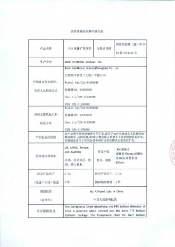 Bard Peripheral Vascular，Inc.对PTA球囊扩张导管（商品名：Bard Rival）进行召回