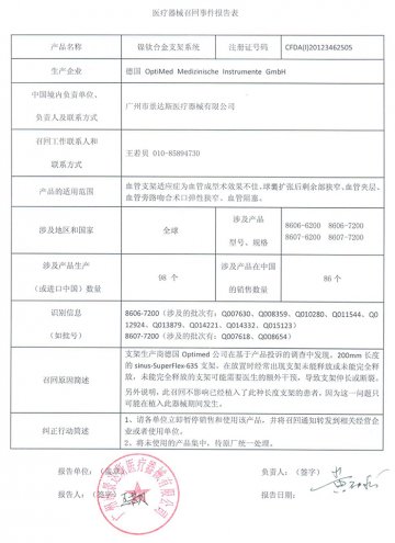 德国 OptiMed Medizinische Instrumente GmbH对“镍钛合金支架系统”主动召回
