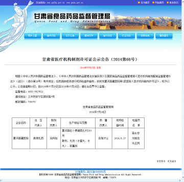 甘肃省医疗机构制剂许可证公示公告（2014第68号）