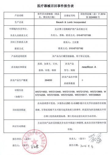Bausch &Lomb Incorporated对软性亲水接触镜（商品名：纯视多焦点、博乐纯日抛）进行召回