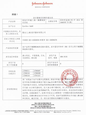 瑞士Synthes GmbH公司对脊柱外科植入物-胸腰椎固定系统进行召回
