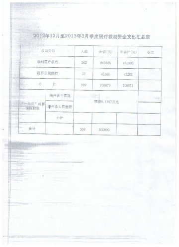 2012年12月至2013年3月医疗救助资金汇总表