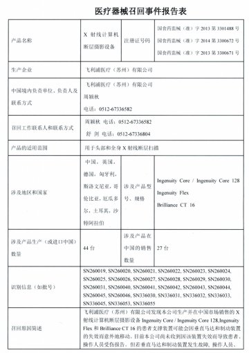 飞利浦医疗（苏州）有限公司对X射线计算机断层摄影设备主动召回