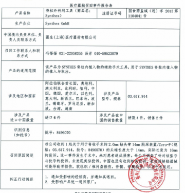 强生（上海）医疗器材有限公司对脊柱外科用工具主动召回