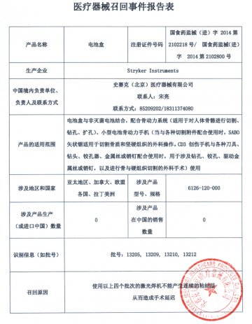 美国Stryker Instruments公司对小型电池骨动力手机和骨动力系统中的电池盒进行召回