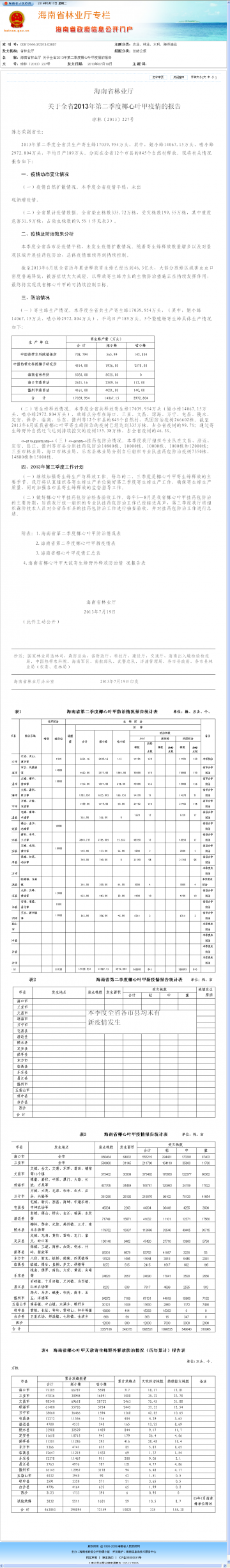 海南省林业厅 关于全省2013年第二季度椰心叶甲疫情的报告