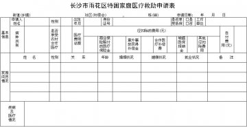 长沙市雨花区特困家庭医疗救助申请表
