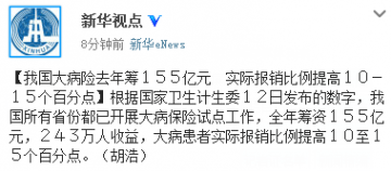 我国大病险去年筹155亿元 报销比例题高10-15个百分点
