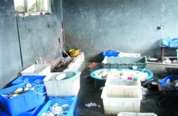 消毒餐具车间脏水浸泡餐具 地污浊怪味刺鼻