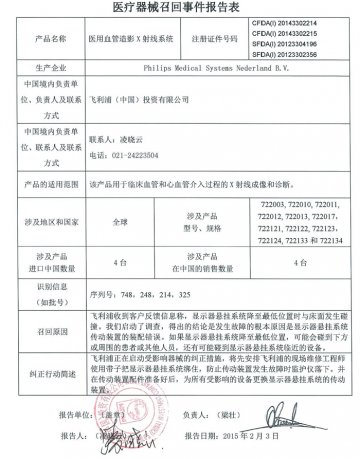 飞利浦（中国）投资有限公司对医用血管造影X射线系统主动召回