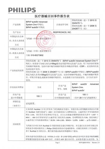 飞利浦（中国）投资有限公司对呼吸机（BiPAP autoSV Advanced System One型、BiPAP autoSV型）主动召回
