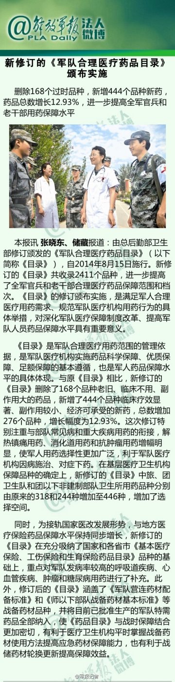 新《军队合理医疗药品目录》颁布实施