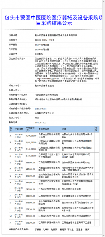 包头市蒙医中医医院医疗器械及设备采购项目采购结果公示
