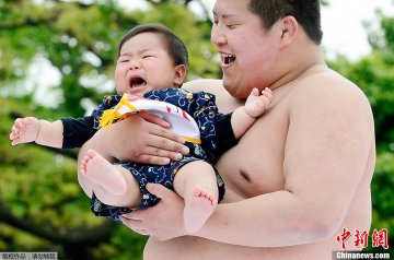 日本举行“宝宝哭”大赛 大胖子吓哭小孩子