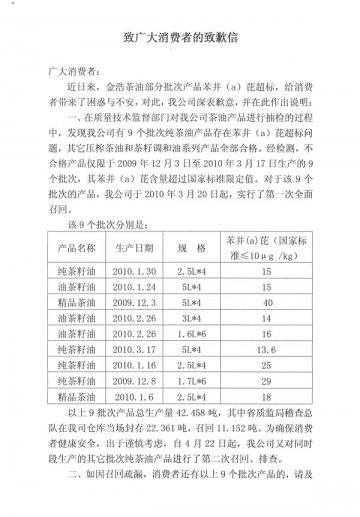 金浩茶油发表致消费者致歉信 承认召回问题产品