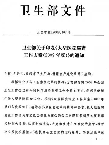 重庆市卫生局转发卫生部关于印发《大型医院巡查工作方案（2009年版）》的通知