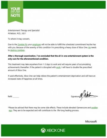 微软为Xbox One首日买家提供病假条