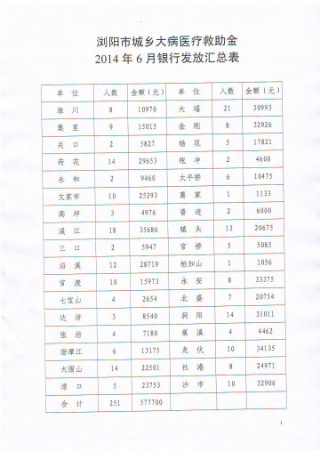 2014年6月城乡大病医疗救助金发放表