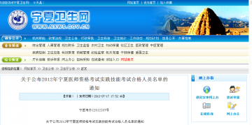 关于公布2012年宁夏医师资格考试实践技能考试合格人员名单的通知
