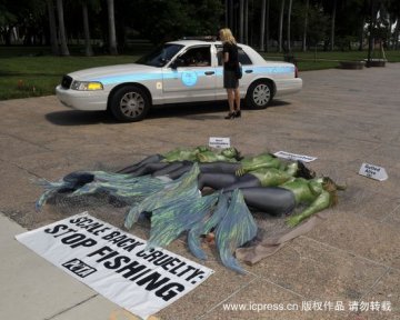 动物保护者半裸扮演美人鱼抗议捕杀鱼类