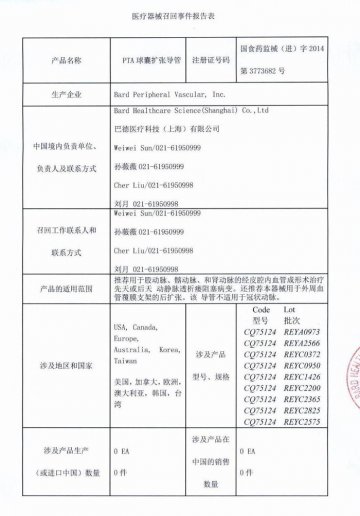 美国Bard Peripheral Vascular，Inc.对PTA球囊扩张导管进行召回