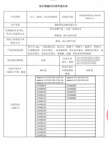 罗氏诊断产品（上海）有限公司对血气、电解质、生化多项校准品主动召回