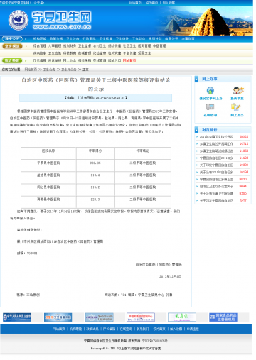 自治区中医药（回医药）管理局关于二级中医医院等级评审结论的公示