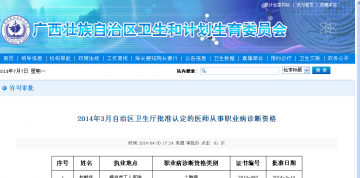 2014年3月自治区卫生厅批准认定的医师从事职业病诊断资格
