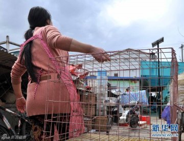 14.一名家禽商贩提着空着的鸡笼子回家