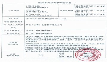 强生（上海）医疗器材有限公司对VITROS 3600全自动免疫分析仪，VITROS 4600全自动身化分析仪，VITROS 5600全自动身化免疫分析仪主动召回