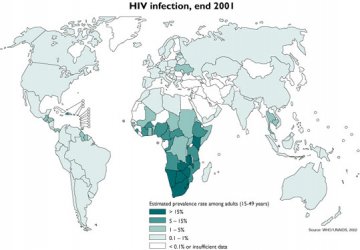艾滋病疫情分布图（HIV infection，end 2001）