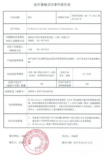 通用电气医疗系统贸易发展（上海）有限公司对炮台主动召回