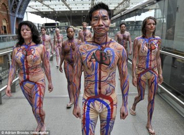 英国男女涂着动静脉图宣传献血