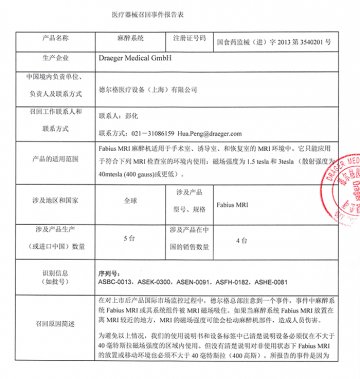 德尔格医疗设备（上海）有限公司对麻醉系统主动召回