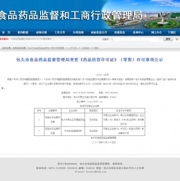 包头市食品药品监督管理局变更《药品经营许可证》（零售）许可事项公示